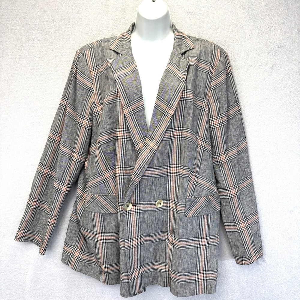 1. STATE Linen Blend Blazer Jacket Womens 14W Gray Plaid Relaxed Academia Boxy‎